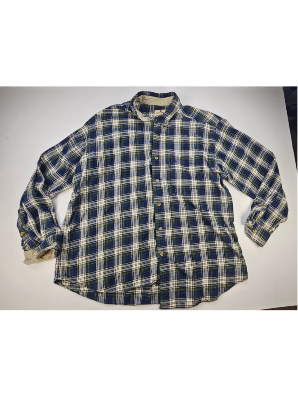 Woolrich Mens XL Plaid Flannel Shirt Blue Green Cotton Long Sleeve Button Up